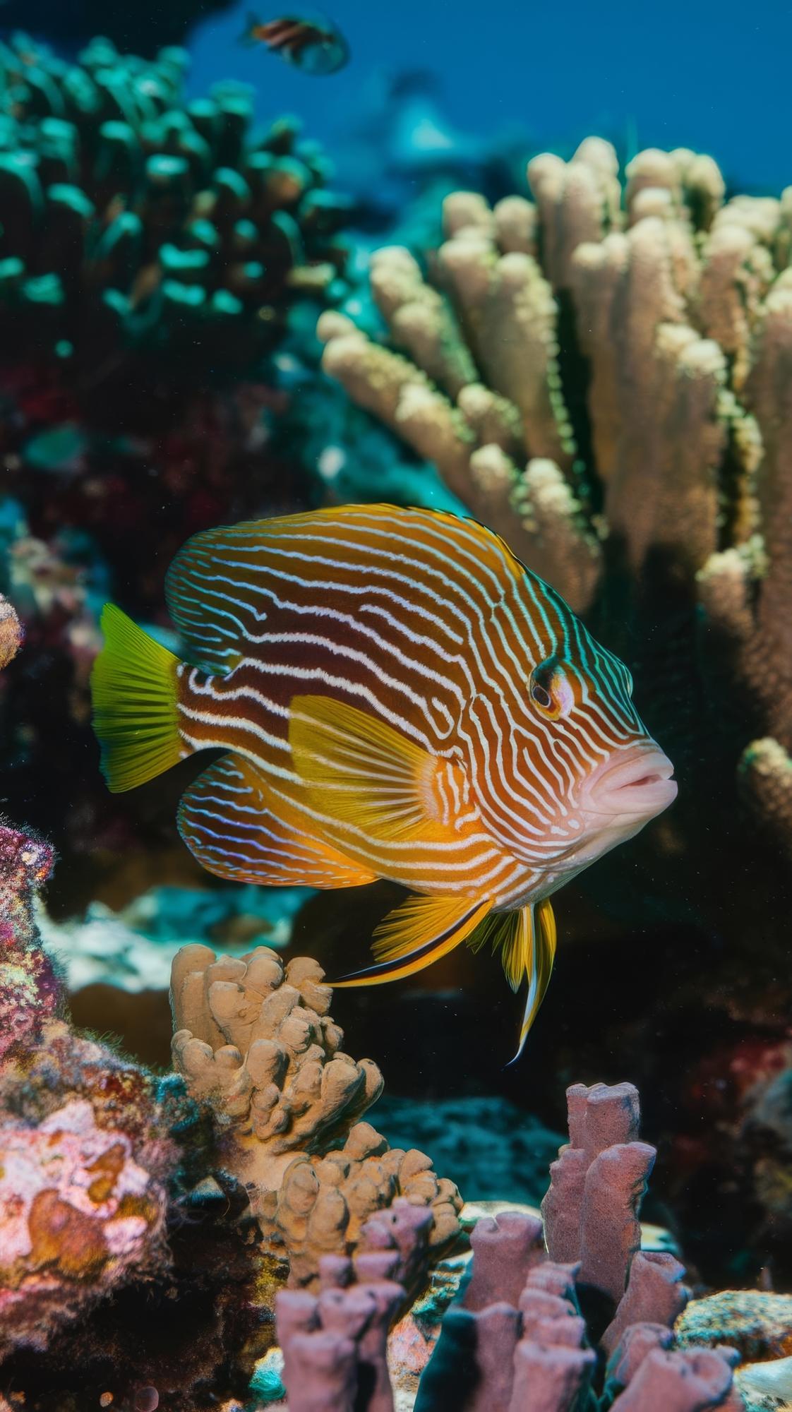 Peixes de recife listrados nadando sobre corais em água azul clara