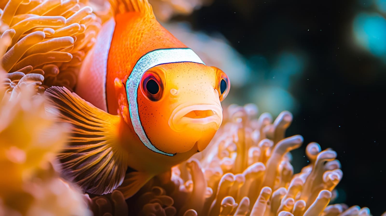 Peixe-palhaço em close, abrigado em uma anêmona de um recife