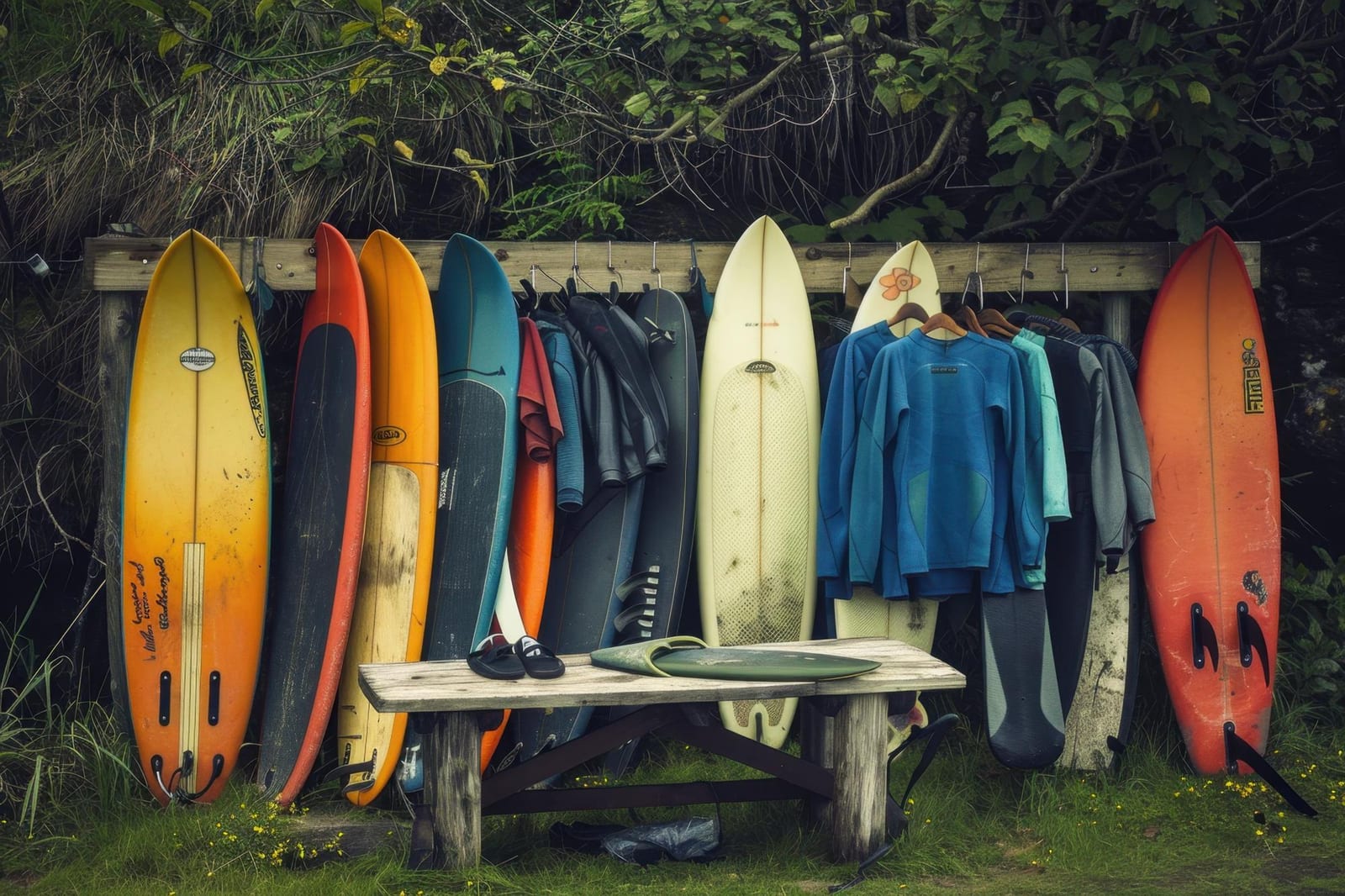 Prancha de surfe e roupas de neoprene organizadas em um rack ao ar livre